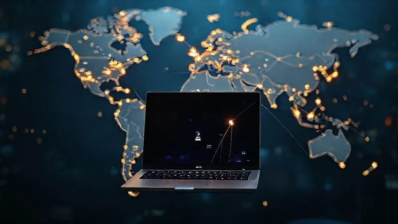 A photorealistic, professional photography image of a world map with glowing lines connecting different cities, each with a small icon representing a digital nomad on a laptop. The lines converge towards a central point, symbolizing core working hours. Cinematic lighting, sharp focus on the connections, depth of field blurring the background, 8K hyper-detailed, shot on a high-end DSLR, showing the complexity and beauty of global collaboration.