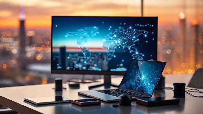 A photorealistic image of a sleek, modern digital workspace setup, featuring a high-resolution laptop, an external monitor, and various gadgets, all wirelessly connected. The background shows a blurred, dynamic cityscape at sunset, hinting at a traveler's location. A subtle, glowing network overlay emanates from the devices, symbolizing secure and global connectivity. Cinematic lighting, sharp focus on the tech, depth of field, 8K hyper-detailed, professional photography, shot on a high-end DSLR, conveying efficiency, security, and global reach.