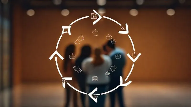A photorealistic, professional photography image of a circular diagram representing a feedback loop, with arrows indicating continuous flow. In the center, a diverse group of digital nomads (subtly blurred) is collaborating. The loop is composed of icons representing data, communication, improvement, and recognition. Cinematic lighting, sharp focus on the feedback loop, depth of field blurring the background, 8K hyper-detailed, shot on a high-end DSLR, conveying continuous improvement and team growth.