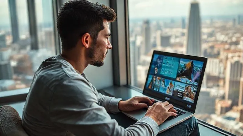 A photorealistic image of a digital nomad sitting by a window overlooking a bustling city, deeply focused on a laptop screen with a virtual vision board displayed. The screen shows inspiring images and text related to travel, work, and personal growth. Cinematic lighting, sharp focus on the nomad's face and screen, depth of field blurring the city, 8K, professional photography, shot on a high-end DSLR.