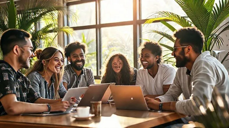 A photorealistic image of a diverse group of digital nomads collaborating and laughing in a vibrant coworking space, located in a tropical setting. Sunlight streams through large windows, illuminating laptops, whiteboards with ideas, and coffee cups. The atmosphere is energetic and supportive, conveying community and shared purpose. Cinematic lighting, sharp focus on the group, depth of field blurring the background, 8K, professional photography, shot on a high-end DSLR.
