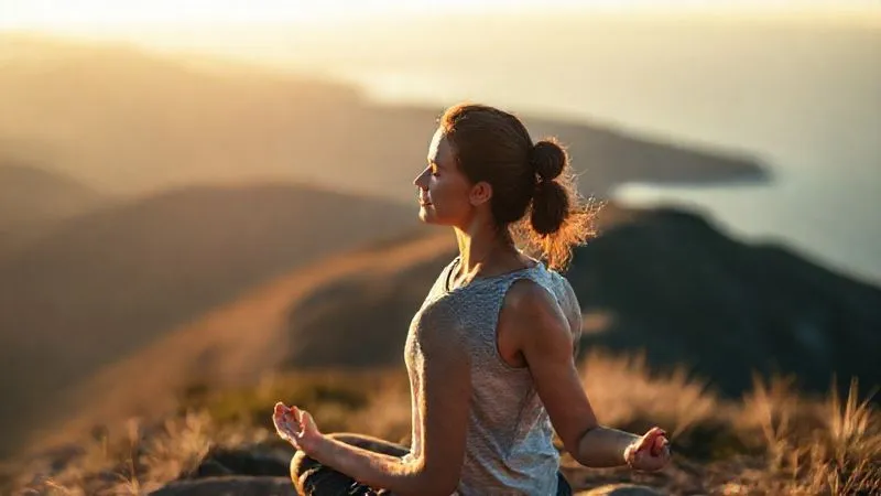 A photorealistic image of a person practicing mindfulness meditation outdoors in a serene natural setting, like a mountain top at sunrise or a peaceful beach. The person is calm and focused, with soft, warm cinematic lighting. Sharp focus on the individual, depth of field blurring the breathtaking landscape, 8K, professional photography, shot on a high-end DSLR.