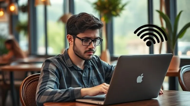 A photorealistic image of a frustrated digital nomad, laptop open, sitting in a beautiful but remote cafe, with a Wi-Fi signal indicator showing weak connection. The nomad is trying to access an online course, with a look of slight annoyance, contrasting with the serene background. Cinematic lighting, sharp focus on the nomad and laptop, depth of field blurring the cafe interior, 8K hyper-detailed, shot on a high-end DSLR.
