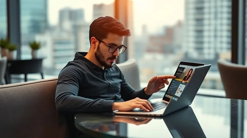 A photorealistic image of a digital nomad seamlessly switching between a laptop, tablet, and smartphone, all displaying the same educational content from an online platform. The nomad is in a comfortable, modern co-working space, with a backdrop of a vibrant city. Cinematic lighting, sharp focus on the devices and nomad, depth of field blurring the background, 8K hyper-detailed, shot on a high-end DSLR.