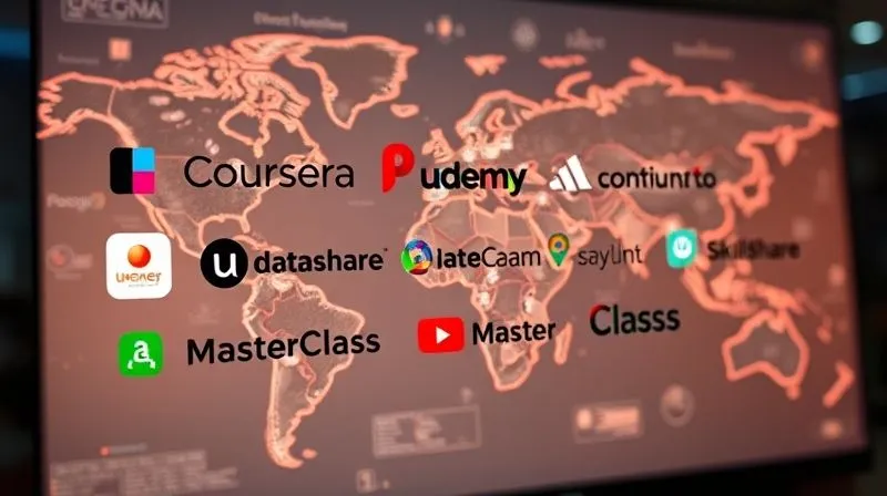 A photorealistic collage of popular e-learning platform logos (e.g., Coursera, Udemy, Skillshare, DataCamp, MasterClass), artfully arranged on a glowing digital screen. The screen is subtly overlaid with a world map, suggesting global access to education. Cinematic lighting, sharp focus on the logos, depth of field blurring the background, 8K hyper-detailed, shot on a high-end DSLR.