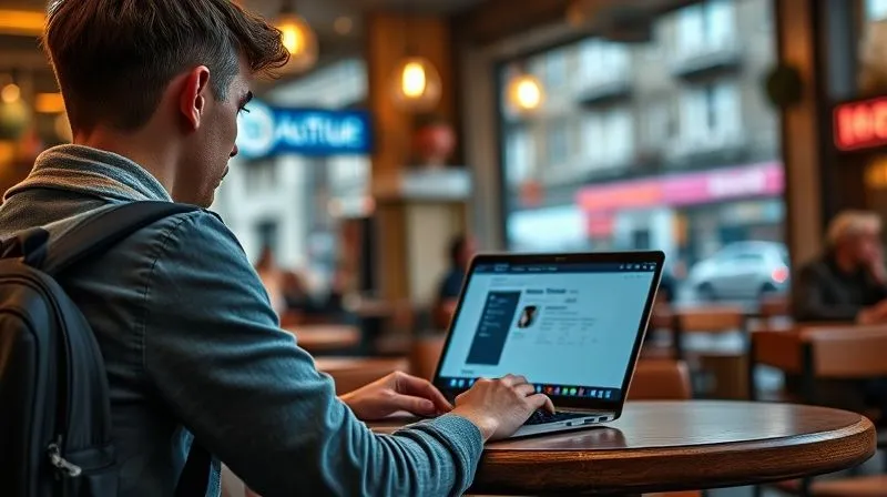 A photorealistic image of a digital nomad studying on a laptop in a cozy cafe in a bustling European city, with a backpack nearby. The screen shows an online course interface with progress bars. Cinematic lighting, sharp focus on the laptop and the person, depth of field blurring the background, 8K hyper-detailed, professional photography, shot on a high-end DSLR.