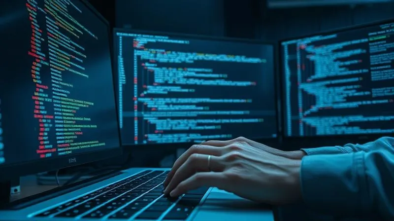 A photorealistic image of complex code on multiple monitors in a dark, futuristic setting, with subtle glowing lines indicating data flow. A pair of hands is typing rapidly on a keyboard. Cinematic lighting, sharp focus on the code and hands, depth of field, 8K hyper-detailed, professional photography, shot on a high-end DSLR.