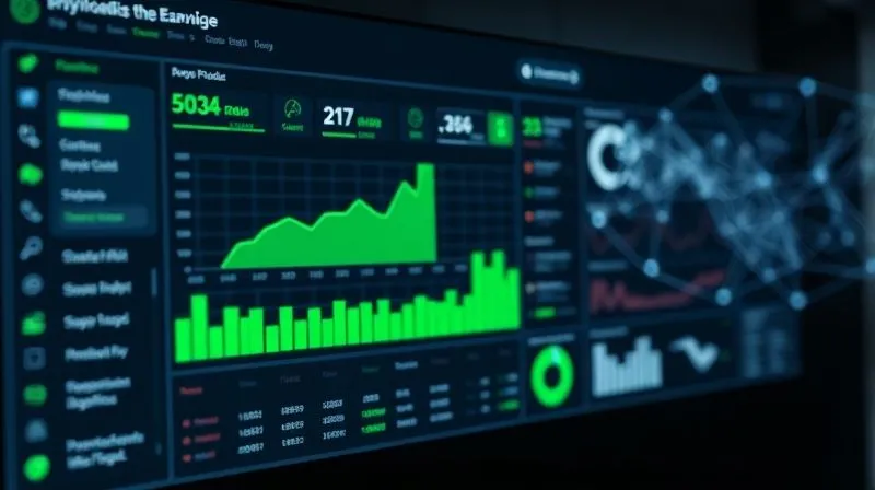 A photorealistic image of a sleek, modern project management dashboard displaying real-time data, green progress bars, and positive financial metrics. A ghostly, ethereal network of automated processes flows behind the digital interface, connecting various project elements. Cinematic lighting, sharp focus on the dashboard, depth of field blurring the background, 8K hyper-detailed, professional photography, shot on a high-end DSLR.