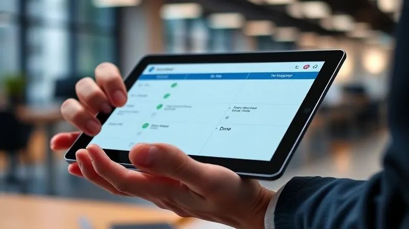 A photorealistic close-up of a project manager's hands hovering over a digital tablet, displaying a Kanban board with tasks moving automatically between columns (To Do, In Progress, Done). Green checkmarks appear as tasks are completed, and small robotic icons symbolize automated actions. Cinematic lighting, sharp focus on the tablet and hands, depth of field blurring a modern office background, 8K hyper-detailed, professional photography, shot on a high-end DSLR.