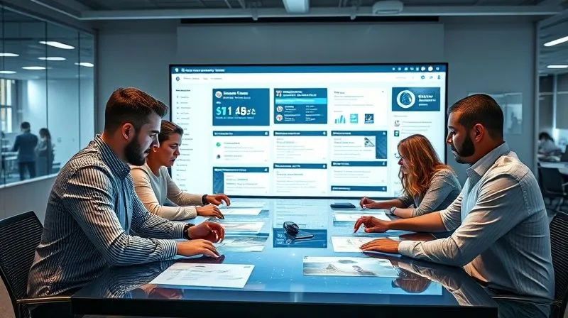 A photorealistic image of a diverse project team (male and female, various ethnicities) collaborating around a large interactive digital table. The table displays a dynamic project dashboard with real-time updates and communication threads. Automated messages and notifications are subtly visible on the screen. Cinematic lighting, sharp focus on the team and table, depth of field blurring the background, 8K hyper-detailed, professional photography, shot on a high-end DSLR.