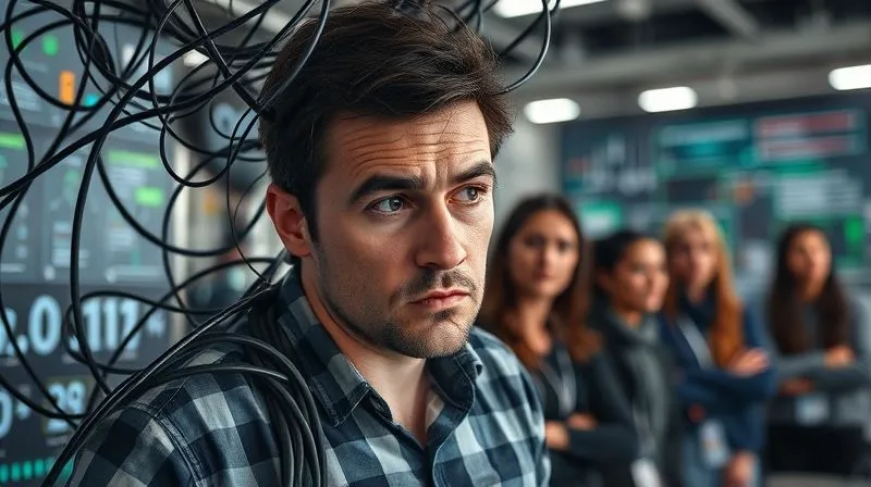 A photorealistic image of a puzzled project manager looking at tangled wires and complex, disjointed digital interfaces, symbolizing the challenges of system integration and resistance to change. In the background, a team looks on with hesitant expressions. Cinematic lighting, sharp focus on the manager, depth of field blurring the background, 8K hyper-detailed, professional photography, shot on a high-end DSLR.
