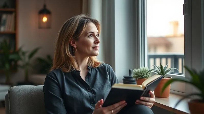 A photorealistic image of a thoughtful professional woman, mid-career, sitting in a cozy, well-lit home office, looking out a window with a pensive expression, holding a journal and a pen. The scene conveys introspection and deep thought about her future. Cinematic lighting, sharp focus on her face, depth of field blurring the background, 8K hyper-detailed, shot on a high-end DSLR, professional photography.