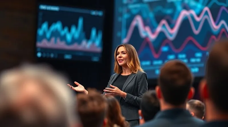 A photorealistic image of a professional woman, looking confident and engaging, delivering a presentation on a stage with a large, modern screen behind her displaying abstract data visualizations. The audience is blurred in the foreground, focusing on her as the speaker. Cinematic lighting, sharp focus on the woman, depth of field, 8K hyper-detailed, shot on a high-end DSLR, professional photography.