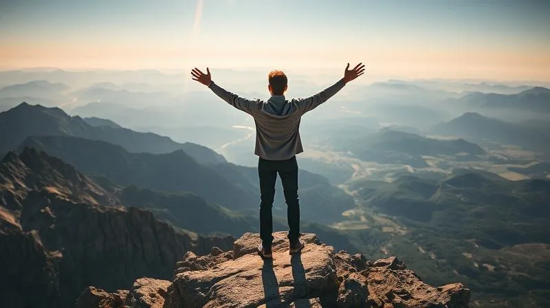 A photorealistic image of a professional person, reaching the peak of a majestic, sun-drenched mountain, looking out over a vast, inspiring panoramic view. The person appears accomplished and hopeful, with arms slightly outstretched. Cinematic lighting, sharp focus on the person and the immediate foreground, depth of field blurring the distant landscape, 8K hyper-detailed, shot on a high-end DSLR, professional photography.