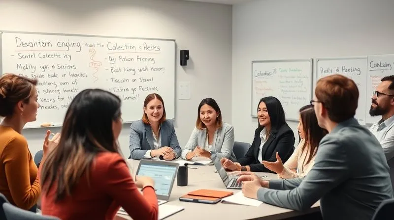 A photorealistic image of a diverse group of business professionals engaged in an intense, immersive language learning session in a modern, brightly lit classroom. They are actively speaking and gesturing, with a native speaker instructor facilitating. Whiteboards show business vocabulary and cultural notes. Cinematic lighting, sharp focus, depth of field, 8K, professional photography, shot on a high-end DSLR.