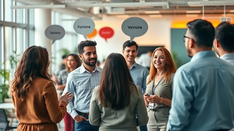 A photorealistic image of a vibrant, collaborative open-plan office space where diverse employees are interacting, some speaking different languages. Speech bubbles (subtle, transparent, without text) visually indicate different languages being spoken. The atmosphere is energetic and supportive, with modern decor. Cinematic lighting, sharp focus on the interacting groups, depth of field, 8K, professional photography, shot on a high-end DSLR.