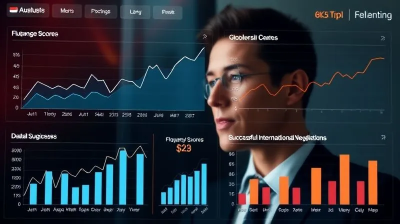 A photorealistic image of a detailed business dashboard displaying various KPIs related to language learning progress and global business deal closures. Graphs show upward trends in fluency scores and successful international negotiations. The dashboard is clean, modern, and digital, with a focused business professional in the background. Cinematic lighting, sharp focus on the data, depth of field, 8K, professional photography, shot on a high-end DSLR.