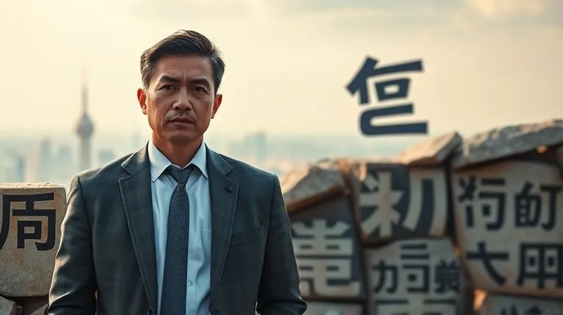 A photorealistic image of a determined business executive, slightly stressed but focused, overcoming a metaphorical language barrier represented by a crumbling wall of foreign characters. They are looking confidently towards a horizon of global cityscapes. The scene emphasizes resilience and progress. Cinematic lighting, sharp focus on the executive, depth of field, 8K, professional photography, shot on a high-end DSLR.