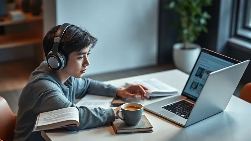 A photorealistic, professional photography, 8K, cinematic lighting, sharp focus, depth of field, shot on a high-end DSLR, of a young, determined digital nomad studying intensely at a sleek, minimalist desk. They are wearing noise-canceling headphones, surrounded by open textbooks, flashcards, and a laptop displaying language learning software. A cup of coffee steams gently. The background is slightly blurred, suggesting a focused bubble of concentration amidst a modern, organized environment. The mood is one of intense dedication and intellectual effort.