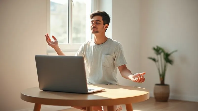 A photorealistic, professional photography, 8K, cinematic lighting, sharp focus, depth of field, shot on a high-end DSLR, depicting a serene digital nomad practicing mindfulness or light stretching in a minimalist, sunlit room. A laptop is closed on a nearby table, suggesting a break from intense study. The mood is calm and reflective, emphasizing mental well-being and stress management amidst a busy schedule. Soft, natural light fills the scene.