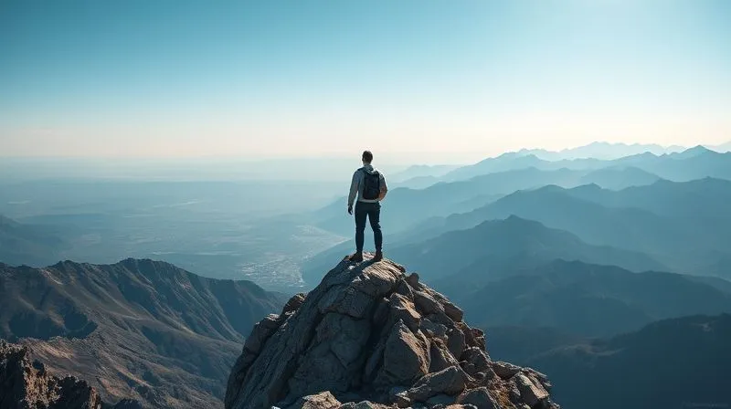 A photorealistic image of a person standing confidently on a mountain peak, looking at a vast landscape, symbolizing clarity of vision and authority. Cinematic lighting, 8K, sharp focus.