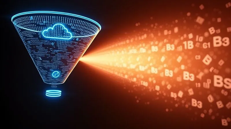A photorealistic image of a digital funnel glowing with light, showing different stages with data flowing through them, representing an optimized sales funnel for online mentorship. 8K, cinematic lighting, sharp focus.