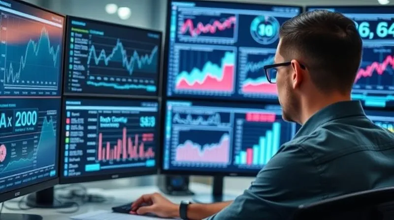 A photorealistic image of a person analyzing complex data on multiple screens, with charts and graphs showing growth trends, in a modern, focused work environment. Cinematic lighting, 8K, sharp focus, depth of field.