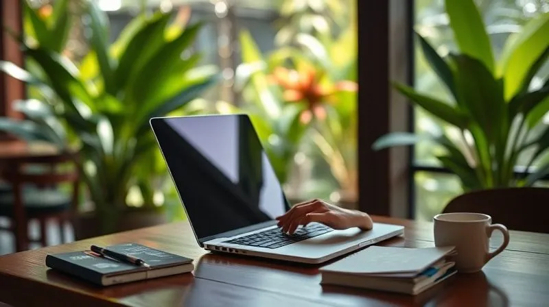 A photorealistic, professional photography, 8K, cinematic lighting, sharp focus, depth of field, shot on a high-end DSLR of a sleek, minimalist laptop open on a wooden table in a sunlit co-working café in Bali, with a digital nomad's hands typing. A well-organized planner and a cup of coffee are nearby. The background shows a lush tropical garden, conveying a sense of productive tranquility.