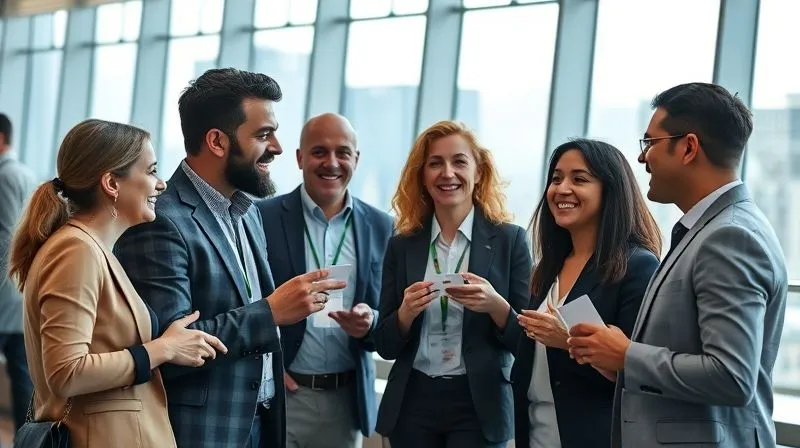 A photorealistic, professional photography, 8K, cinematic lighting, sharp focus, depth of field, shot on a high-end DSLR of a diverse group of international professionals from different cultural backgrounds, laughing and exchanging business cards during a networking event in a modern, brightly lit conference hall. The background shows a blurred cityscape through large windows, symbolizing global connections.