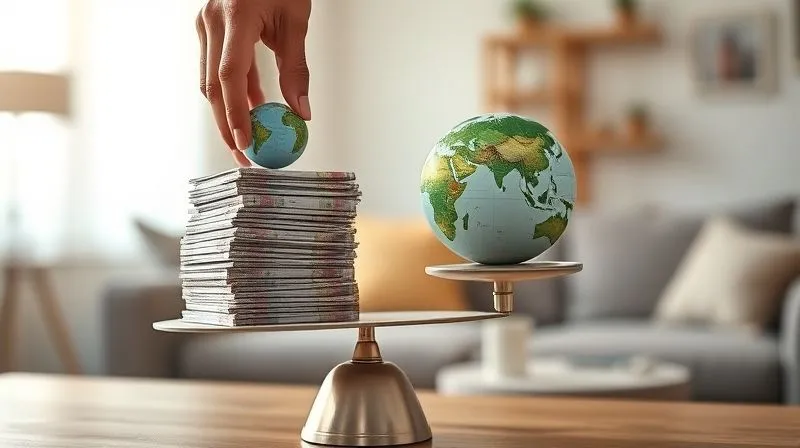 A photorealistic, professional photography, 8K, cinematic lighting, sharp focus, depth of field, shot on a high-end DSLR of a person carefully balancing stacks of international currency and a small globe on a scale, symbolizing financial stability and global mobility. The background is a soft, warm blur of a modern apartment, suggesting comfort and security.