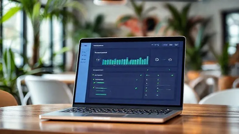 A photorealistic image of a minimalist digital dashboard on a laptop screen, showing progress bars for various tasks (e.g., 'Writing Chapters', 'Client Outreach', 'Skill Learning') with small green checkmarks, set against a blurred background of a vibrant co-working space in a tropical location. Cinematic lighting, sharp focus on the screen, depth of field, 8K hyper-detailed, professional photography, shot on a high-end DSLR.