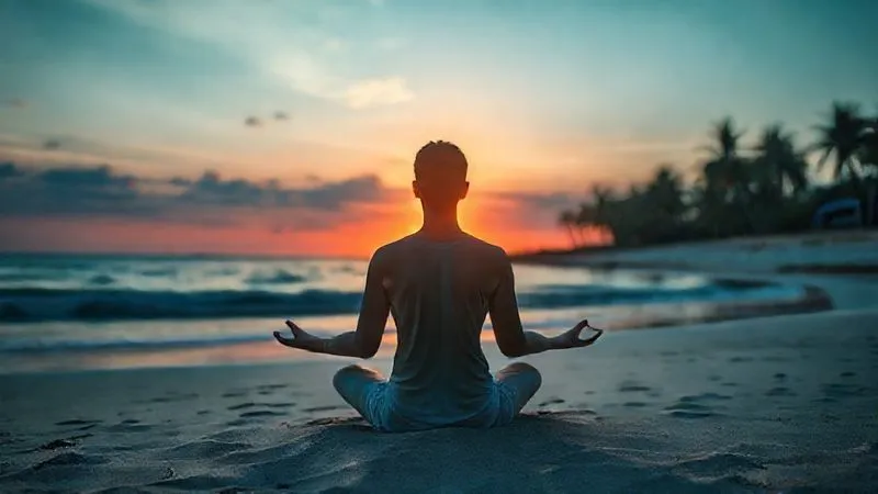 A photorealistic image of a person meditating peacefully on a tranquil beach at sunrise, with a subtle, ethereal glow around them representing inner purpose and alignment. The background shows a gentle ocean and palm trees. Cinematic lighting, sharp focus on the person, depth of field, 8K hyper-detailed, professional photography, shot on a high-end DSLR.