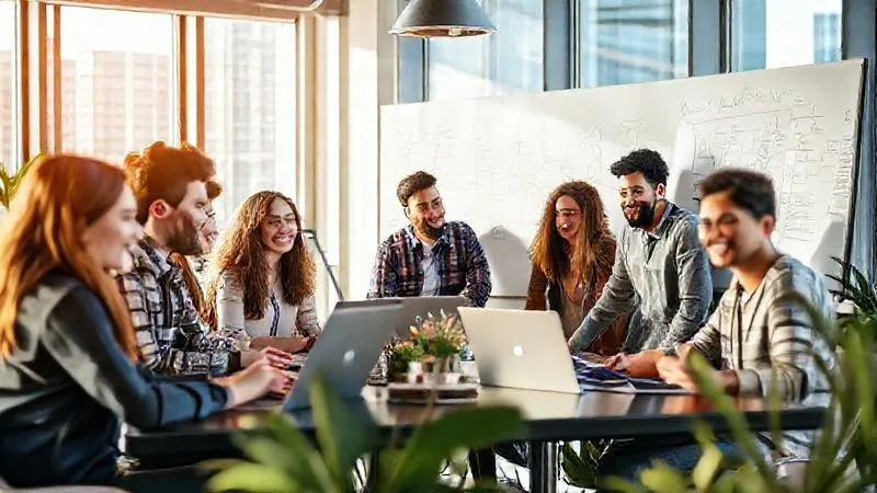 A photorealistic image of a diverse group of digital nomads working collaboratively and smiling in a modern, sunlit co-working space in a vibrant city, some on laptops, others brainstorming on a whiteboard. There's a sense of community and shared purpose. Cinematic lighting, sharp focus on the group, depth of field, 8K hyper-detailed, professional photography, shot on a high-end DSLR.
