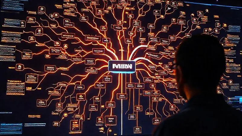 A photorealistic image of a detailed digital mind map branching out with career paths, skill sets, and learning resources, displayed on a glowing holographic screen. A focused person is interacting with the map, cinematic lighting, sharp focus, 8K hyper-detailed, professional photography, shot on a high-end DSLR.