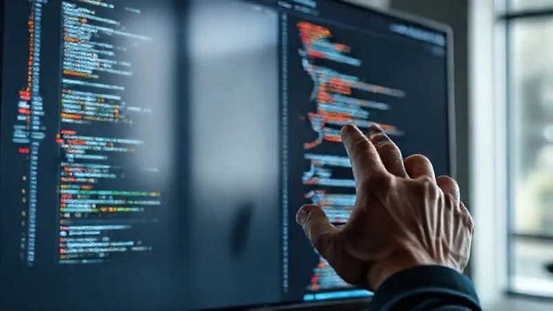 A photorealistic image of a sleek, modern digital portfolio website displayed on a large monitor, with code snippets, data visualizations, and design mockups clearly visible. A person's hand is subtly gesturing towards the screen, cinematic lighting, sharp focus on the screen content, depth of field blurring the background, 8K hyper-detailed, professional photography, shot on a high-end DSLR.