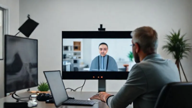 A photorealistic image of a person confidently engaging in a professional video conference interview, with a clean, minimalist remote workspace in the background. The screen displays a professional interviewer, cinematic lighting, sharp focus on the interviewee's face, depth of field blurring the background, 8K hyper-detailed, professional photography, shot on a high-end DSLR.