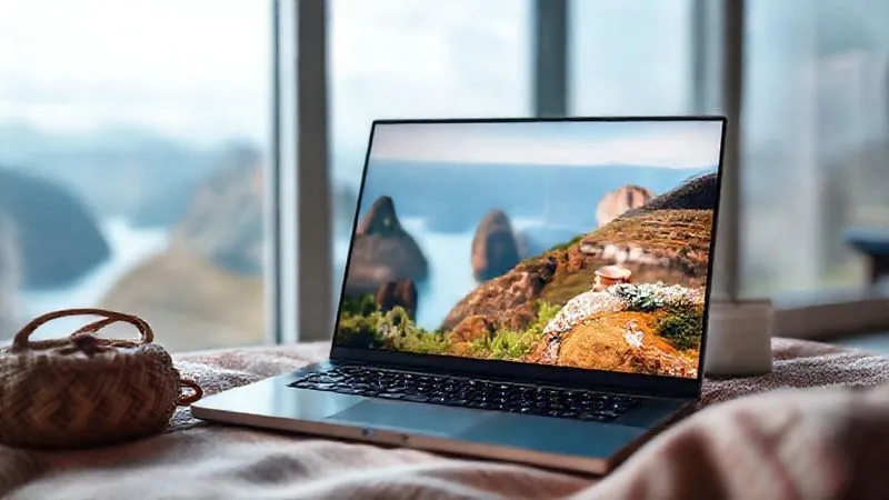 A cozy, minimalist remote workspace setup on a laptop screen, with a blurred background of a scenic travel destination, soft natural light, 8K, photorealistic, professional photography, cinematic lighting, sharp focus, depth of field, shot on a high-end DSLR.