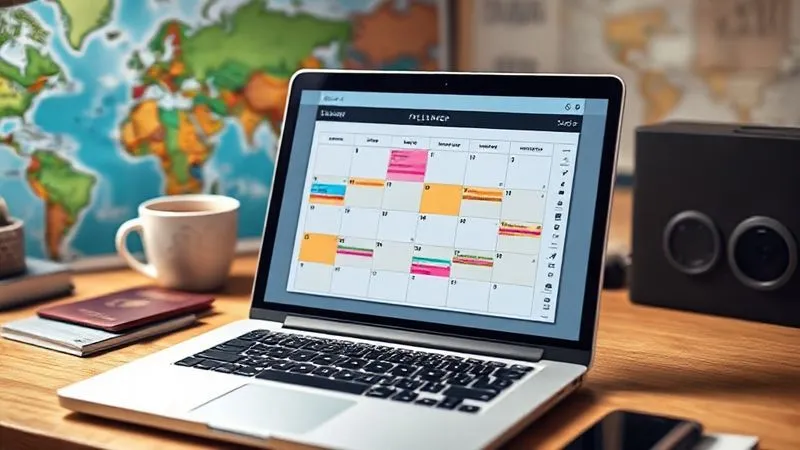 A photorealistic image of a digital nomad's desk setup, featuring a neatly organized planner or digital calendar on a laptop screen, showing color-coded blocks for study, work, and travel. A passport, a world map, and a cup of coffee are visible in the background, with cinematic lighting and sharp focus on the planner, depth of field blurring the travel elements, 8K hyper-detailed, professional photography.