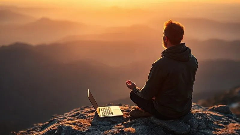 A photorealistic image of a person meditating or deep in thought on a mountain peak at sunrise, with a laptop and a notebook subtly placed beside them. The scene should evoke a sense of clarity, focus, and mental strength, with warm cinematic lighting, sharp focus on the person, depth of field blurring the vast landscape, 8K hyper-detailed, shot on a high-end DSLR.
