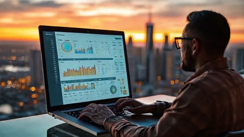 A photorealistic image of a digital nomad reviewing progress on a dashboard or spreadsheet on a laptop, with a serene backdrop of a vibrant city skyline at sunset. The screen displays clear charts and metrics, conveying analysis and adjustment. Cinematic lighting, sharp focus on the laptop screen and the person's thoughtful expression, depth of field blurring the city, 8K hyper-detailed, shot on a high-end DSLR.