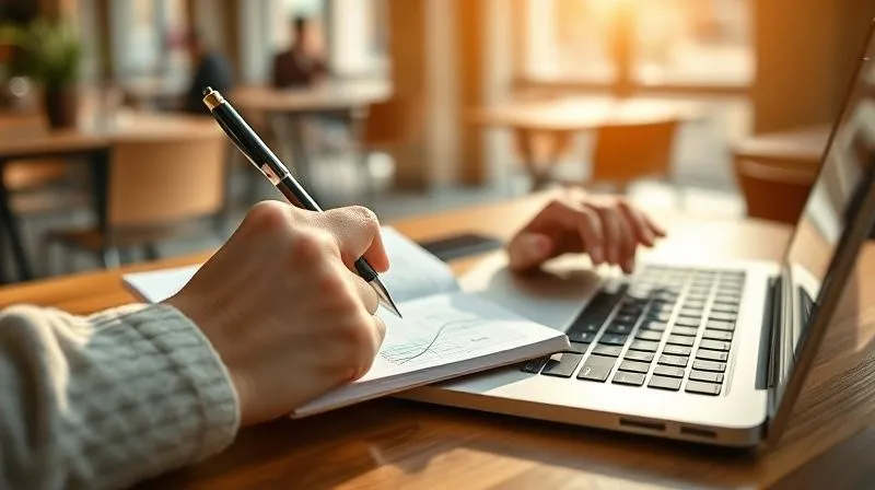 A photorealistic image of a person's hands, one holding a pen over a journal with notes and diagrams, the other typing on a sleek, modern laptop. The background is a blurred, sunlit cafe in a foreign city. The focus is on the active engagement with learning and planning, showing intention and immediate action. Cinematic lighting, sharp focus, depth of field, 8K hyper-detailed, professional photography, shot on a high-end DSLR.