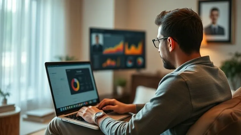 A photorealistic image of a person, likely a digital nomad, actively engaged in a video call on a laptop, discussing a data dashboard with another person on screen. The background is a minimalist, modern apartment with subtle travel elements. The focus is on collaboration and feedback exchange. Cinematic lighting, sharp focus, depth of field, 8K hyper-detailed, professional photography, shot on a high-end DSLR.