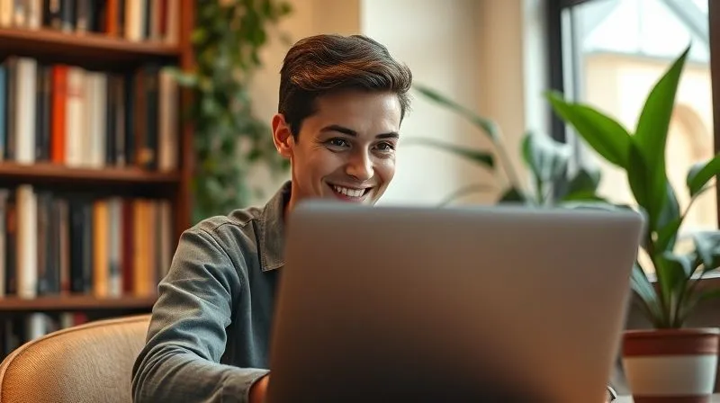 A photorealistic image of a person looking confidently at a laptop screen, having just overcome a creative or technical challenge. There's a subtle smile of satisfaction. The setting is a cozy, well-lit corner of a library or co-working space, with books and plants in the blurred background. Cinematic lighting, sharp focus on the person's face and screen, depth of field, 8K hyper-detailed, professional photography, shot on a high-end DSLR.