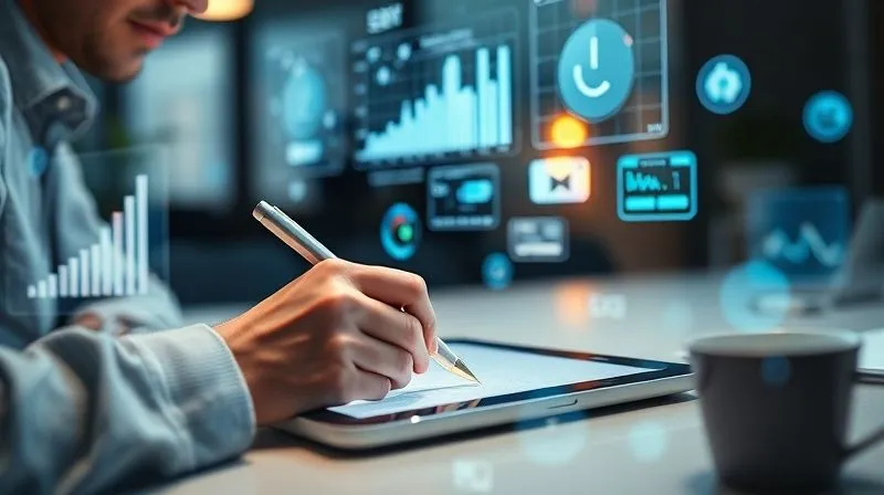 A photorealistic close-up of a person actively taking notes on a tablet, surrounded by floating holographic charts and data visualizations, representing immersive project-based learning and micro-learning. The setting is a modern, minimalist workspace with cinematic lighting and sharp focus on the tablet. 8K hyper-detailed, depth of field, shot on a high-end DSLR