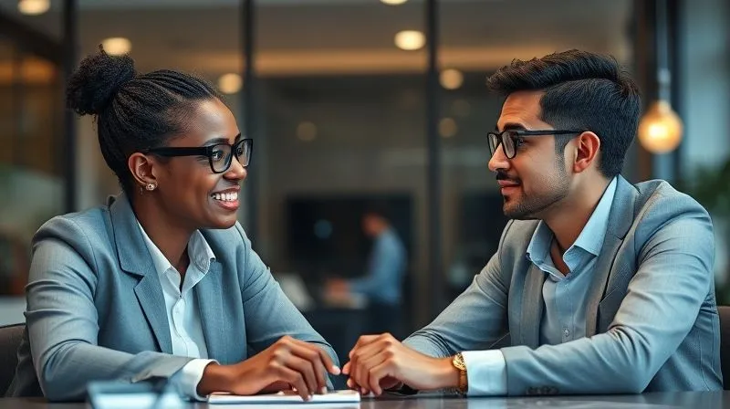 A photorealistic image of two diverse professionals engaged in a focused, respectful conversation across a virtual meeting interface, with holographic data points and clear communication lines connecting them, symbolizing effective delegation and virtual team management. Cinematic lighting, sharp focus, depth of field, 8K hyper-detailed, shot on a high-end DSLR