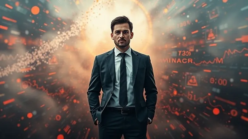 A photorealistic image of a lone professional standing calmly amidst a swirling, abstract storm of data and challenges, symbolizing resilience and crisis management. The figure's expression is composed, and there's a faint glow of clarity around them. Cinematic lighting, sharp focus, depth of field, 8K hyper-detailed, shot on a high-end DSLR