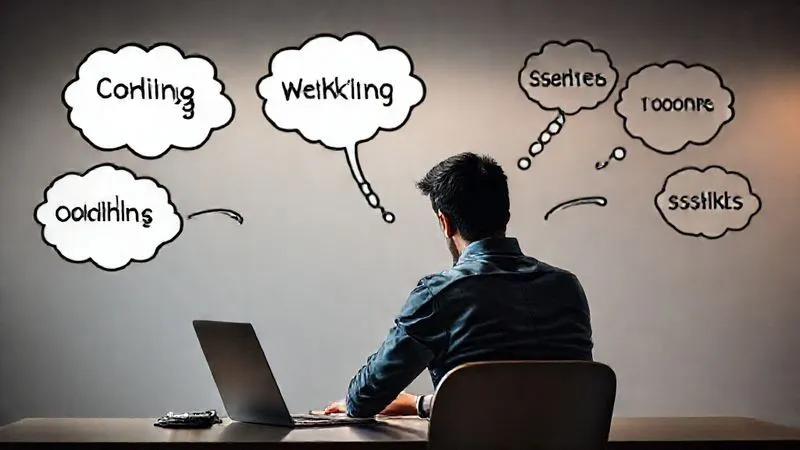 A photorealistic image of a person sitting at a desk, surrounded by thought bubbles representing different hard skills (coding, marketing, design, data analysis), with a clear path connecting their current skills to desired future skills. Cinematic lighting, sharp focus, depth of field. Professional photography, 8K, shot on a high-end DSLR.