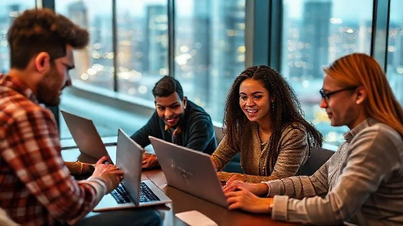 A photorealistic image of a diverse group of digital nomads collaborating on a complex data analysis project on laptops, in a modern co-working space with a view of a vibrant city. Cinematic lighting, sharp focus on their screens and expressions of collaboration, depth of field blurring the background. Professional photography, 8K, shot on a high-end DSLR.