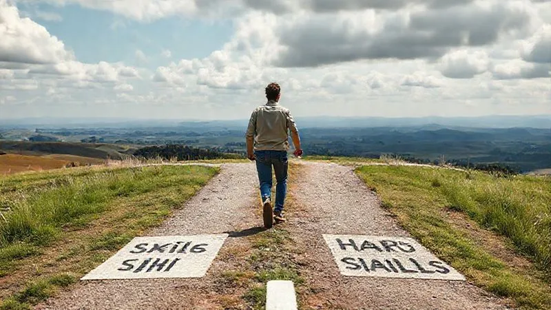 A photorealistic image of a person at a crossroads, with one path labeled 'Old Skills' and another labeled 'New Hard Skills', leading to a horizon of opportunities. The person is confidently stepping onto the new path. Cinematic lighting, sharp focus, depth of field. Professional photography, 8K, shot on a high-end DSLR.