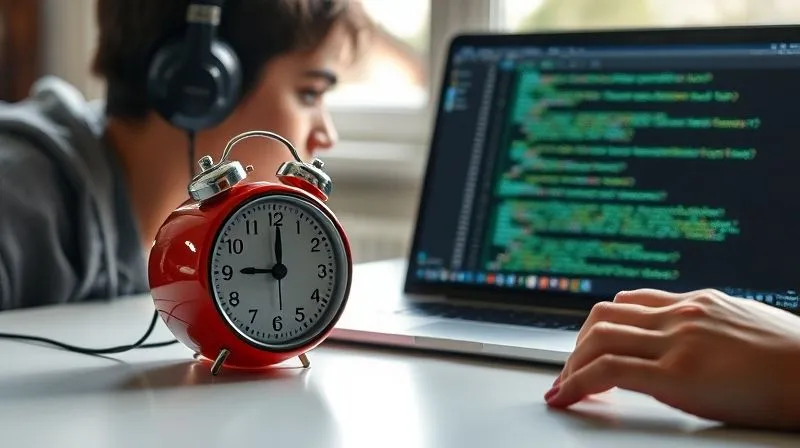 A photorealistic image of a person using the Pomodoro technique, with a vintage tomato timer prominent on a clean desk next to a laptop displaying code. The person is deeply focused, wearing headphones, surrounded by natural light. Cinematic lighting, sharp focus on the timer and the person's hands on the keyboard, depth of field blurring the background, 8K hyper-detailed, professional photography, shot on a high-end DSLR.